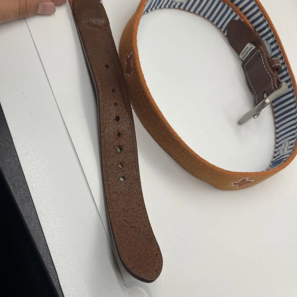 JT SPENCER Embroidered Belt Leather Canvas Brass Size 44 preppy Texas Orange